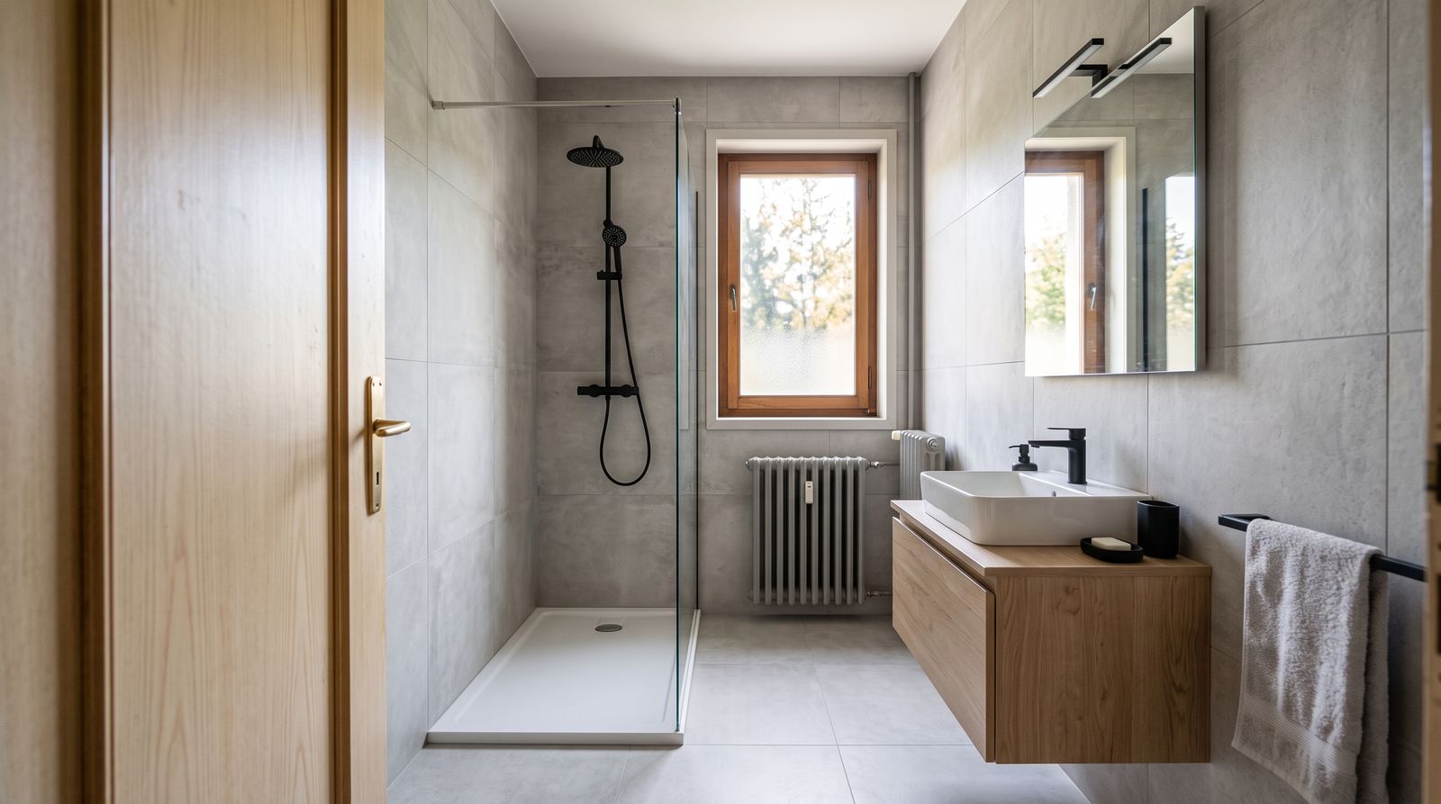 La même salle de bain après travaux : douche à l'italienne, grands carreaux clairs, meuble vasque en bois