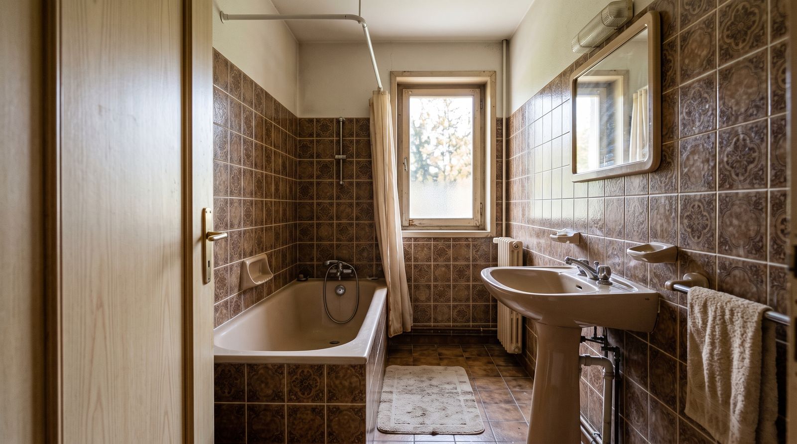 Salle de bain avant travaux : baignoire beige, carrelage marron, joints noircis