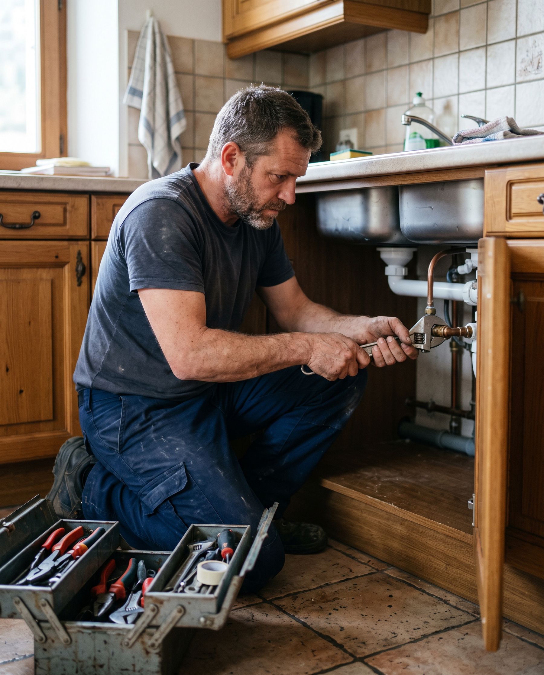 Le plombier, genou à terre sous un évier, serre un raccord à la clé à molette, caisse à outils ouverte à côté