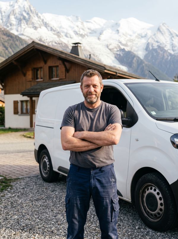 Julien Brunet devant son utilitaire blanc, en tenue de travail